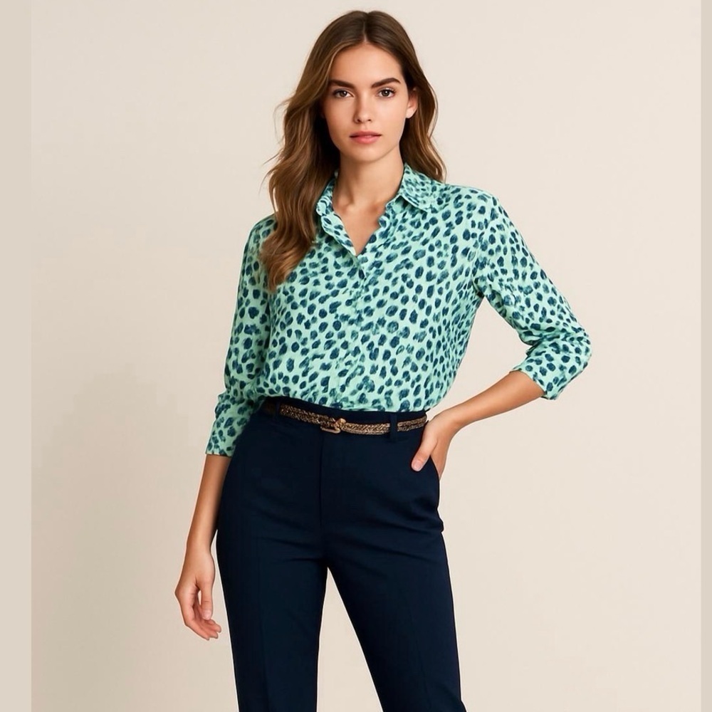 Talbots Green Navy Cheetah Print Button Up Shirt 100% Cotton Size 3X